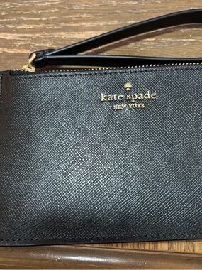 kate spade Black Saffiano Leather Wristlet with Gold Logo